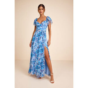 Lulus Sensationally Sweeter Blue Floral Ruffled Maxi Dress - Size M